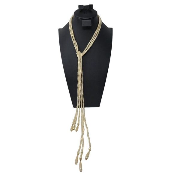 Vintage Signed Liz Claiborne Multi Strand Faux Pearl Tassel Lariat Necklace - Picture 9 of 14